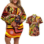 Custom Australia Father's Day Couples Matching Off Shoulder Short Dress and Hawaiian Shirt Aboriginal Father and Son