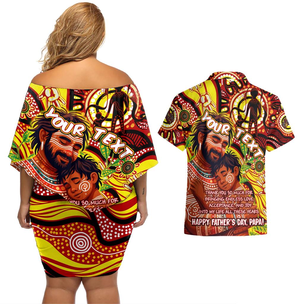 Custom Australia Father's Day Couples Matching Off Shoulder Short Dress and Hawaiian Shirt Aboriginal Father and Son