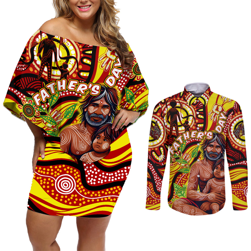 Custom Australia Father's Day Couples Matching Off Shoulder Short Dress and Long Sleeve Button Shirt Aboriginal Father and Son