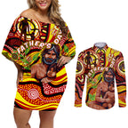 Custom Australia Father's Day Couples Matching Off Shoulder Short Dress and Long Sleeve Button Shirt Aboriginal Father and Son