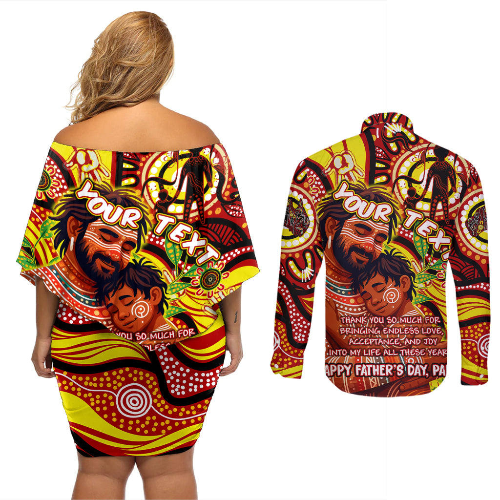 Custom Australia Father's Day Couples Matching Off Shoulder Short Dress and Long Sleeve Button Shirt Aboriginal Father and Son