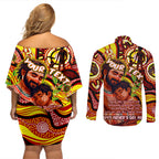 Custom Australia Father's Day Couples Matching Off Shoulder Short Dress and Long Sleeve Button Shirt Aboriginal Father and Son