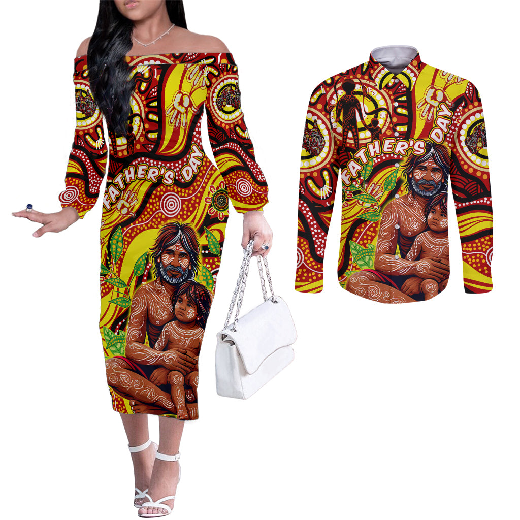 Custom Australia Father's Day Couples Matching Off The Shoulder Long Sleeve Dress and Long Sleeve Button Shirt Aboriginal Father and Son
