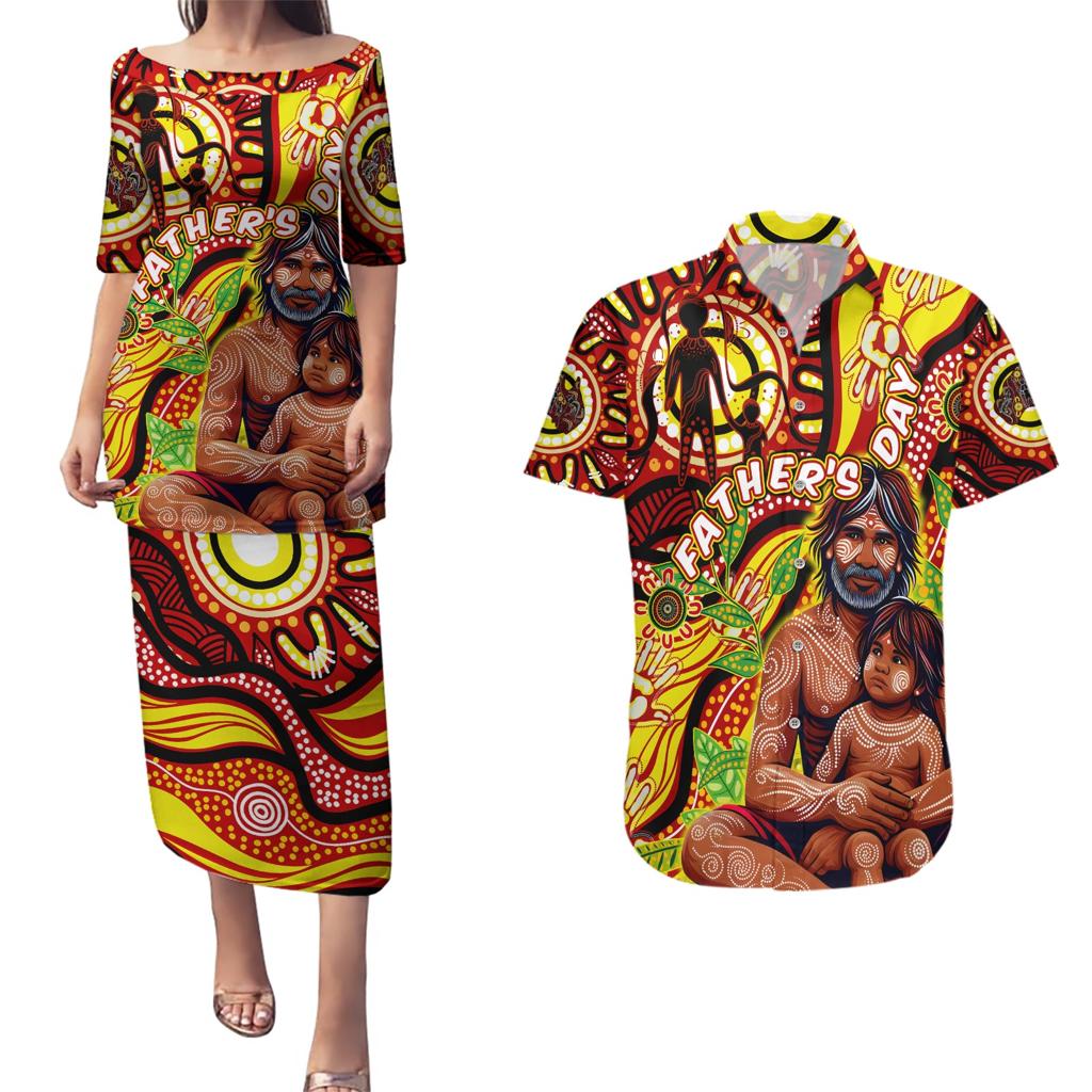Custom Australia Father's Day Couples Matching Puletasi and Hawaiian Shirt Aboriginal Father and Son