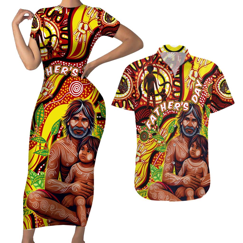 Custom Australia Father's Day Couples Matching Short Sleeve Bodycon Dress and Hawaiian Shirt Aboriginal Father and Son