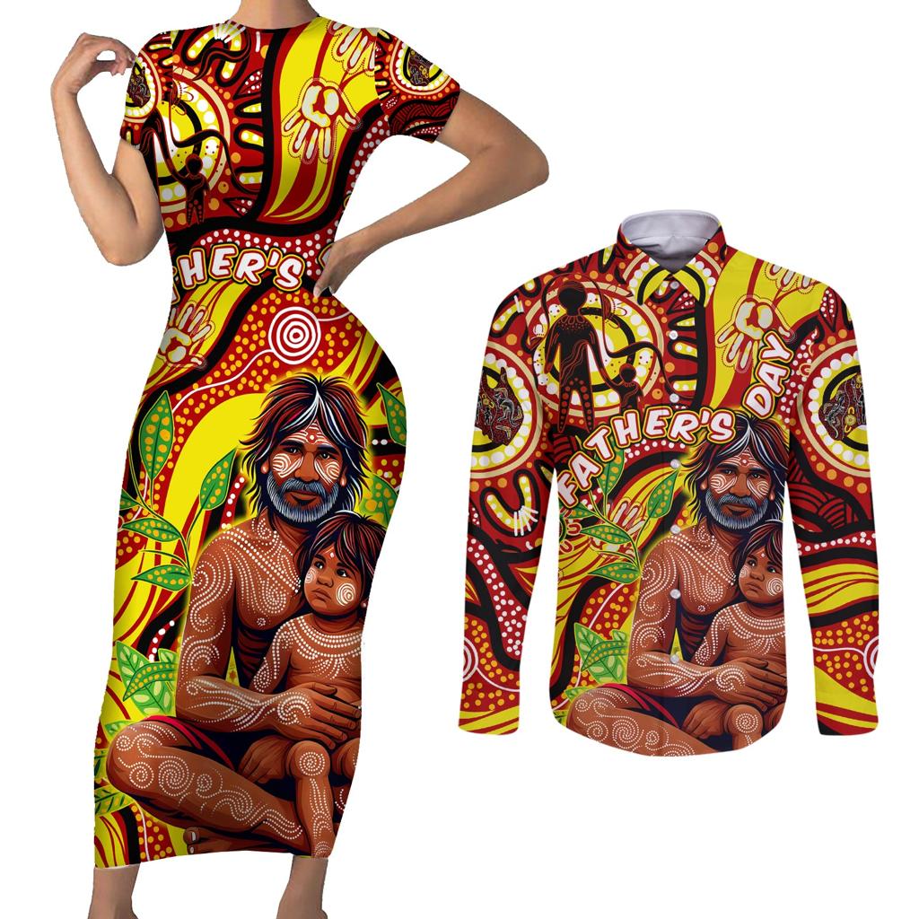 Custom Australia Father's Day Couples Matching Short Sleeve Bodycon Dress and Long Sleeve Button Shirt Aboriginal Father and Son
