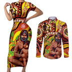 Custom Australia Father's Day Couples Matching Short Sleeve Bodycon Dress and Long Sleeve Button Shirt Aboriginal Father and Son