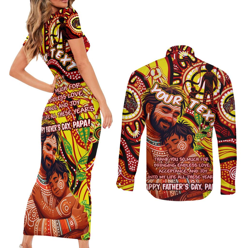 Custom Australia Father's Day Couples Matching Short Sleeve Bodycon Dress and Long Sleeve Button Shirt Aboriginal Father and Son