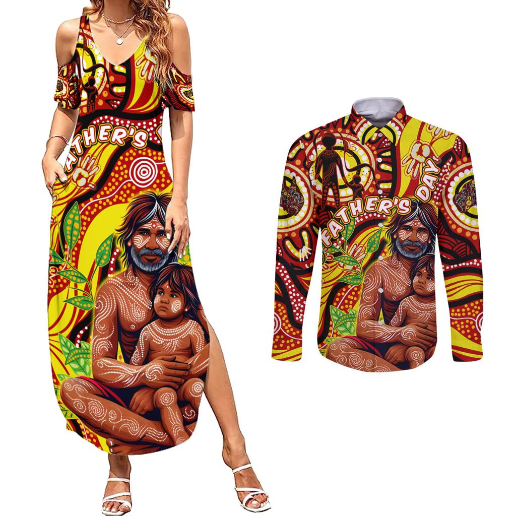 Custom Australia Father's Day Couples Matching Summer Maxi Dress and Long Sleeve Button Shirt Aboriginal Father and Son