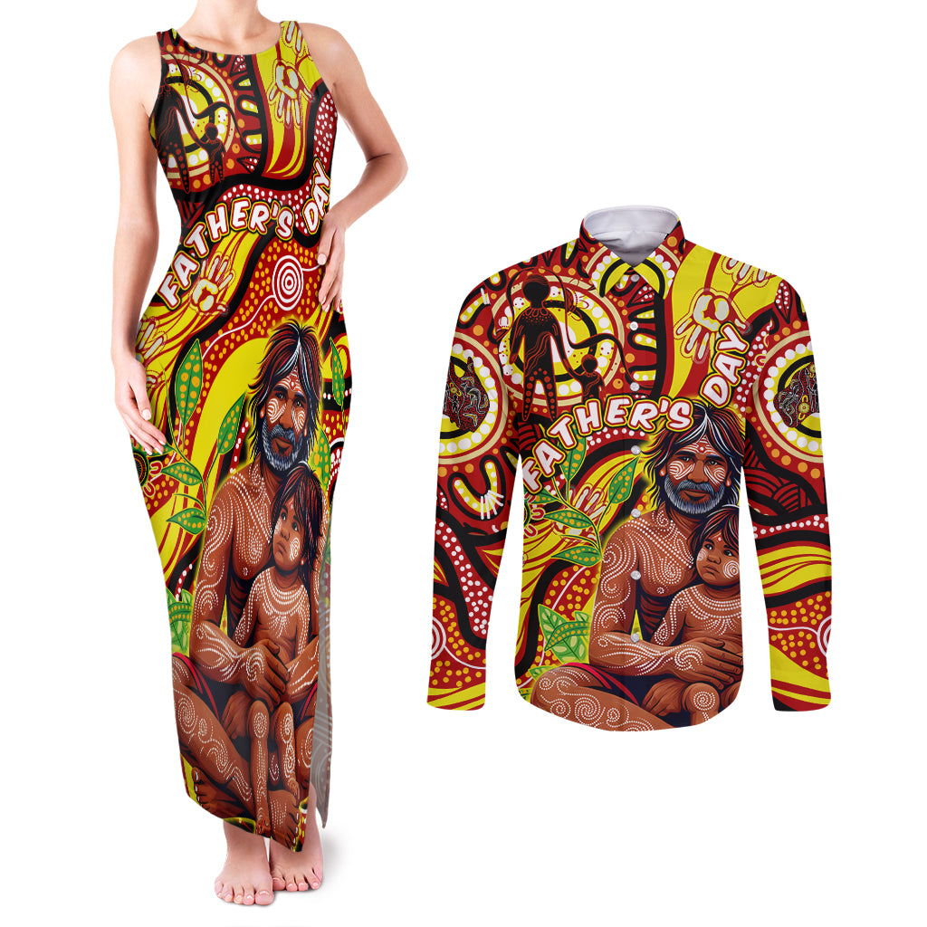 Custom Australia Father's Day Couples Matching Tank Maxi Dress and Long Sleeve Button Shirt Aboriginal Father and Son