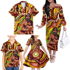 Custom Australia Father's Day Family Matching Off The Shoulder Long Sleeve Dress and Hawaiian Shirt Aboriginal Father and Son