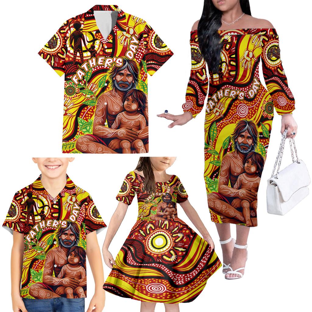Custom Australia Father's Day Family Matching Off The Shoulder Long Sleeve Dress and Hawaiian Shirt Aboriginal Father and Son