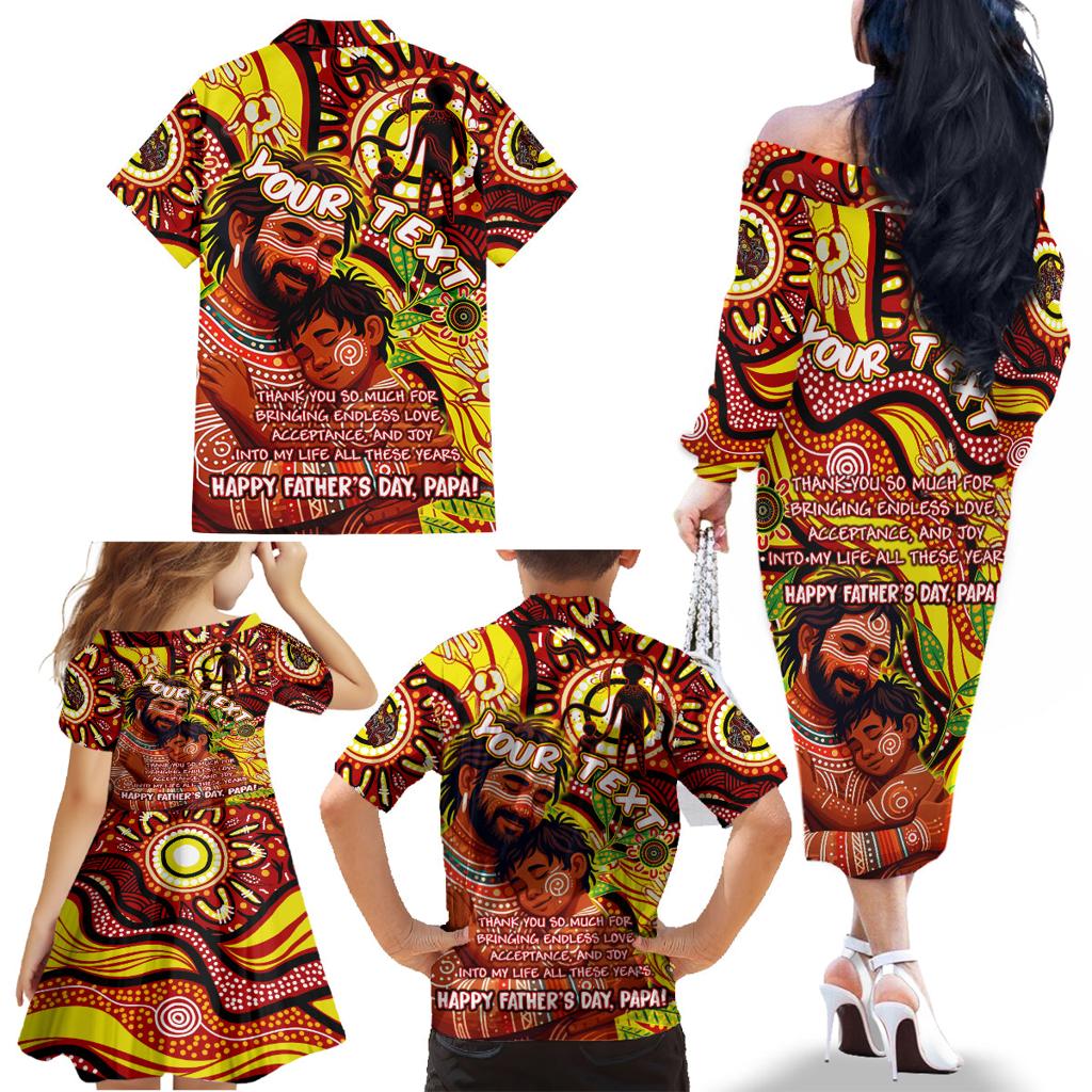 Custom Australia Father's Day Family Matching Off The Shoulder Long Sleeve Dress and Hawaiian Shirt Aboriginal Father and Son