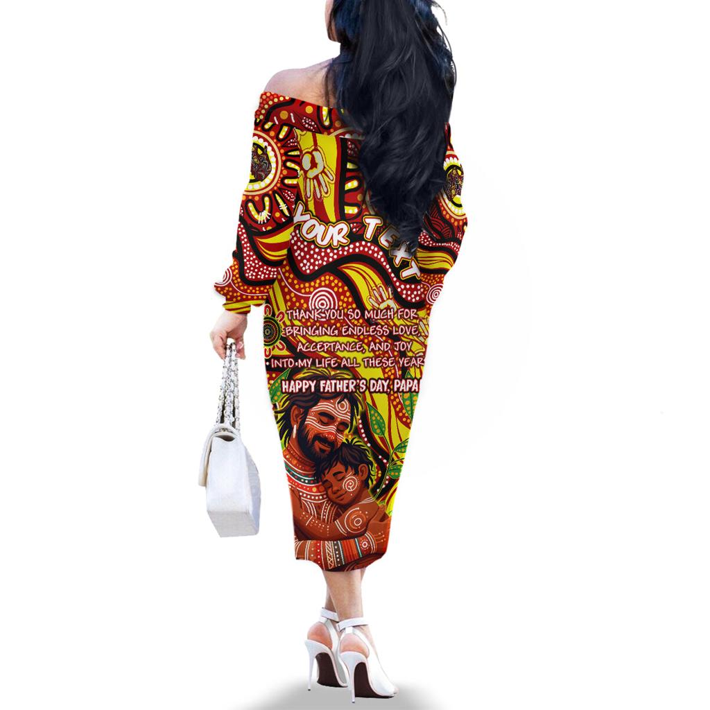 Custom Australia Father's Day Family Matching Off The Shoulder Long Sleeve Dress and Hawaiian Shirt Aboriginal Father and Son