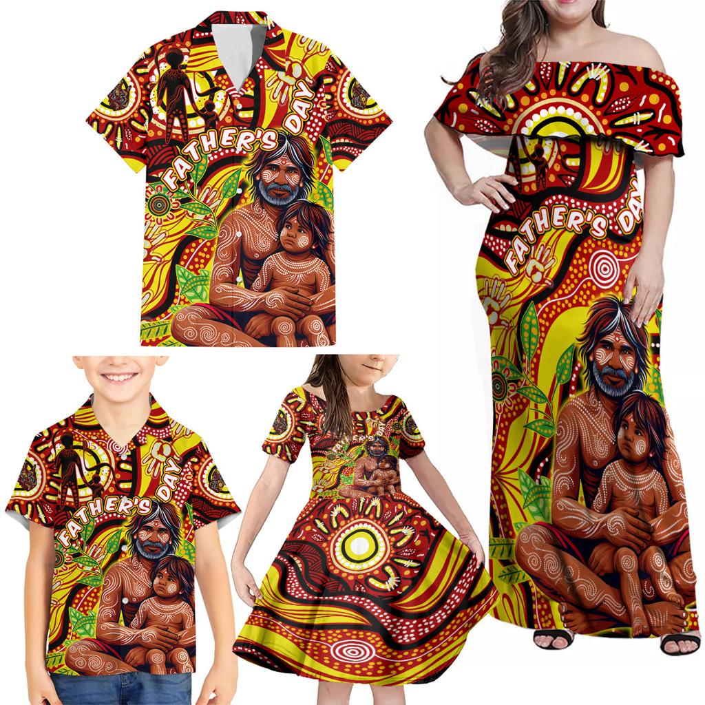 Custom Australia Father's Day Family Matching Off Shoulder Maxi Dress and Hawaiian Shirt Aboriginal Father and Son