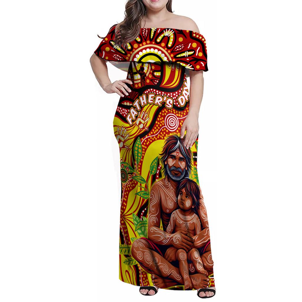 Custom Australia Father's Day Family Matching Off Shoulder Maxi Dress and Hawaiian Shirt Aboriginal Father and Son