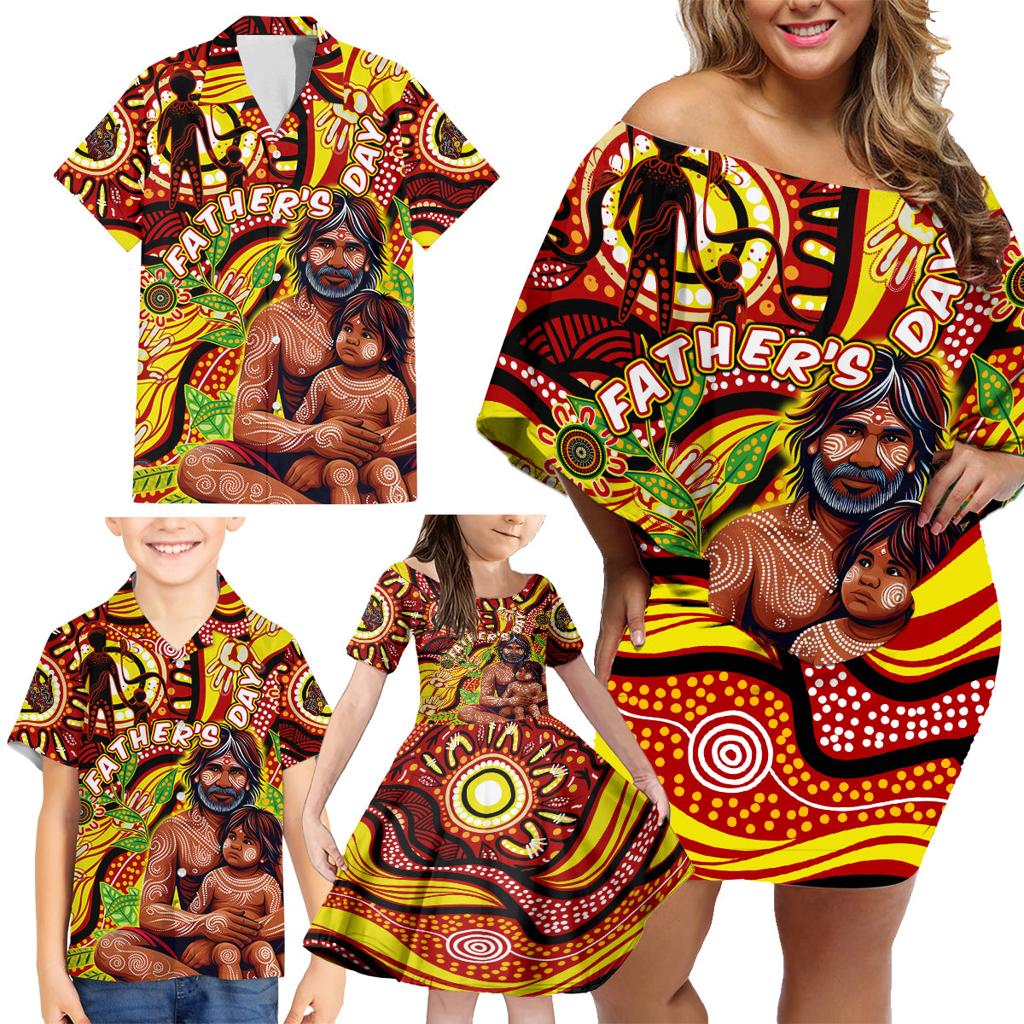 Custom Australia Father's Day Family Matching Off Shoulder Short Dress and Hawaiian Shirt Aboriginal Father and Son