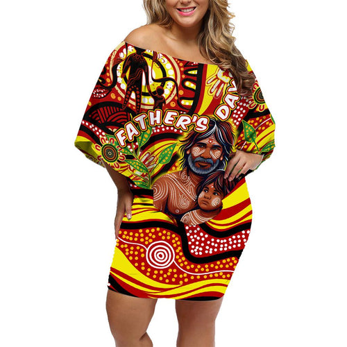Custom Australia Father's Day Family Matching Off Shoulder Short Dress and Hawaiian Shirt Aboriginal Father and Son