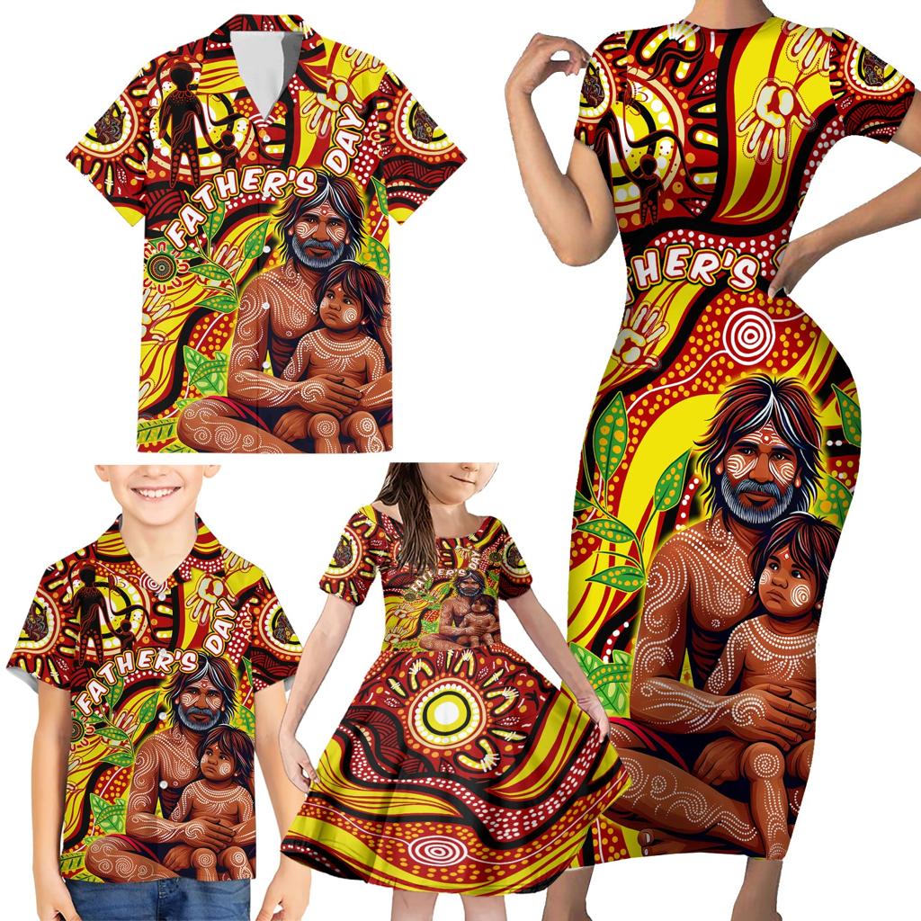 Custom Australia Father's Day Family Matching Short Sleeve Bodycon Dress and Hawaiian Shirt Aboriginal Father and Son