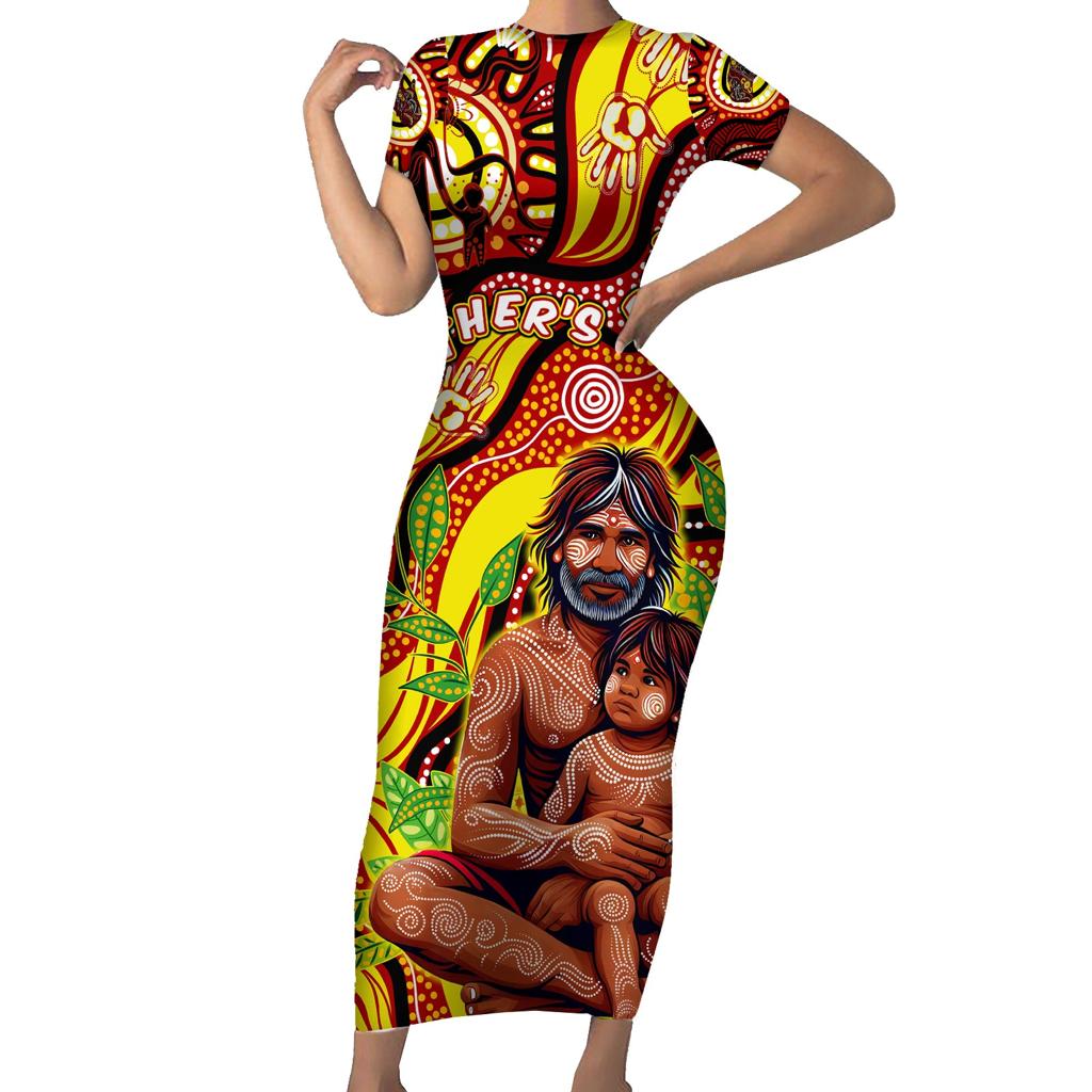 Custom Australia Father's Day Family Matching Short Sleeve Bodycon Dress and Hawaiian Shirt Aboriginal Father and Son
