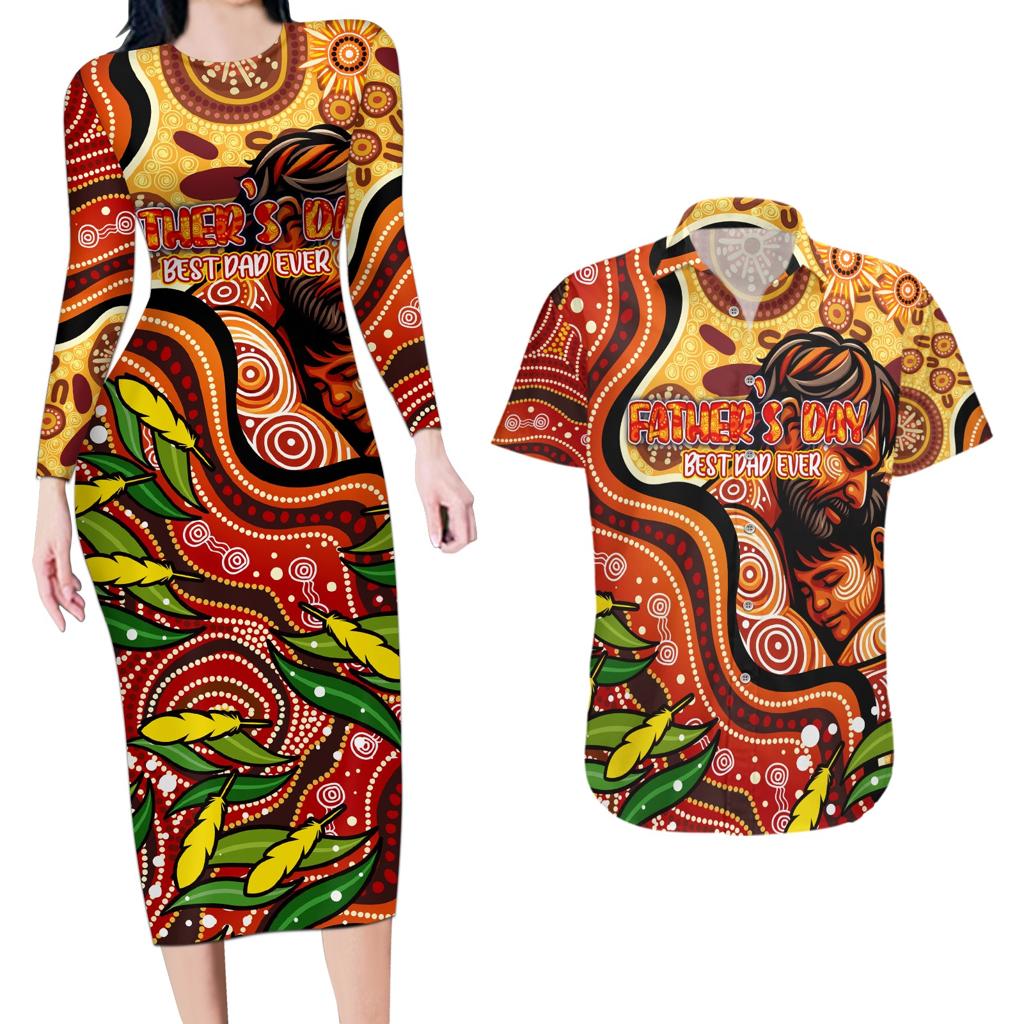 Custom Father's Day Australia Couples Matching Long Sleeve Bodycon Dress and Hawaiian Shirt Best Dad Ever Aboriginal Art