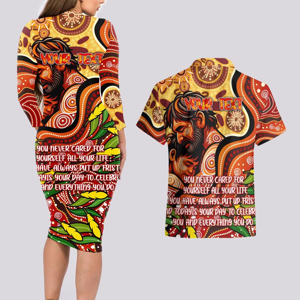 Custom Father's Day Australia Couples Matching Long Sleeve Bodycon Dress and Hawaiian Shirt Best Dad Ever Aboriginal Art