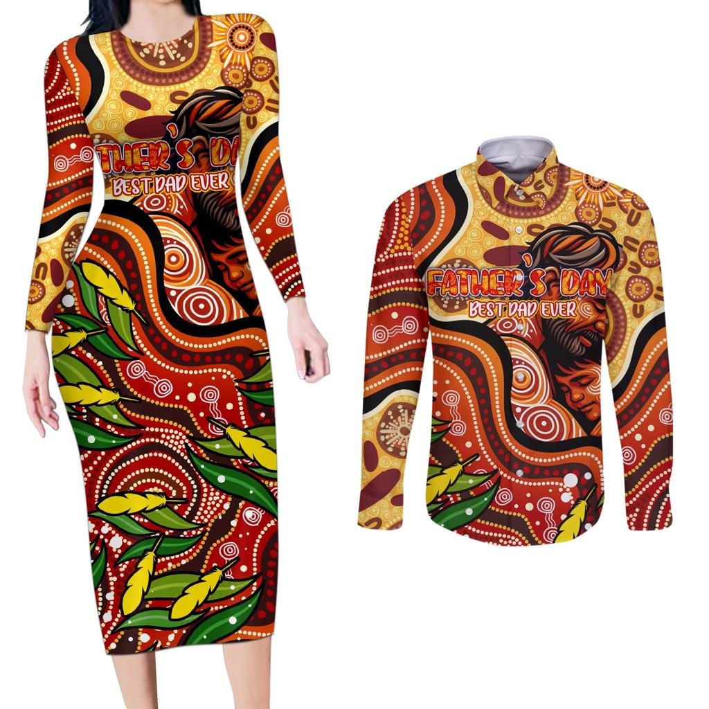 Custom Father's Day Australia Couples Matching Long Sleeve Bodycon Dress and Long Sleeve Button Shirt Best Dad Ever Aboriginal Art