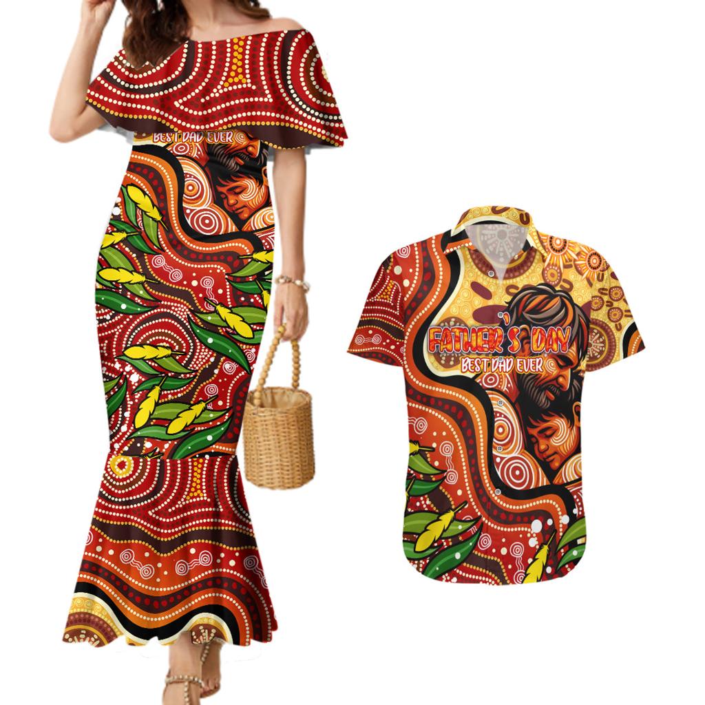 Custom Father's Day Australia Couples Matching Mermaid Dress and Hawaiian Shirt Best Dad Ever Aboriginal Art