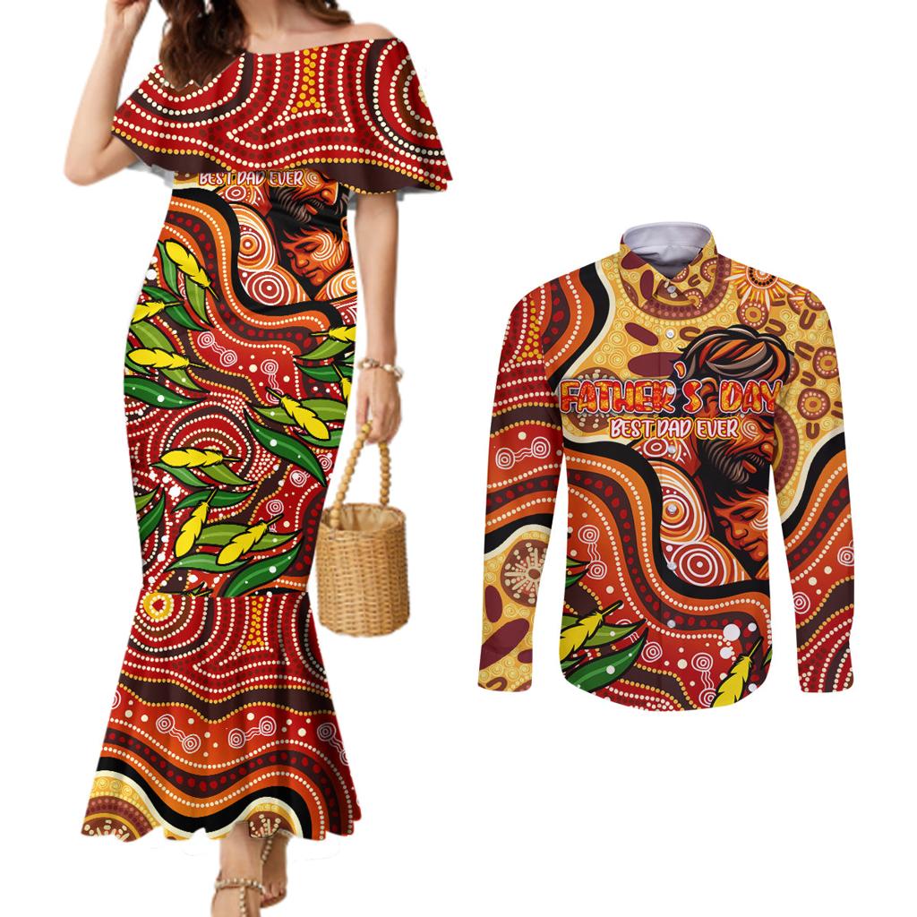 Custom Father's Day Australia Couples Matching Mermaid Dress and Long Sleeve Button Shirt Best Dad Ever Aboriginal Art