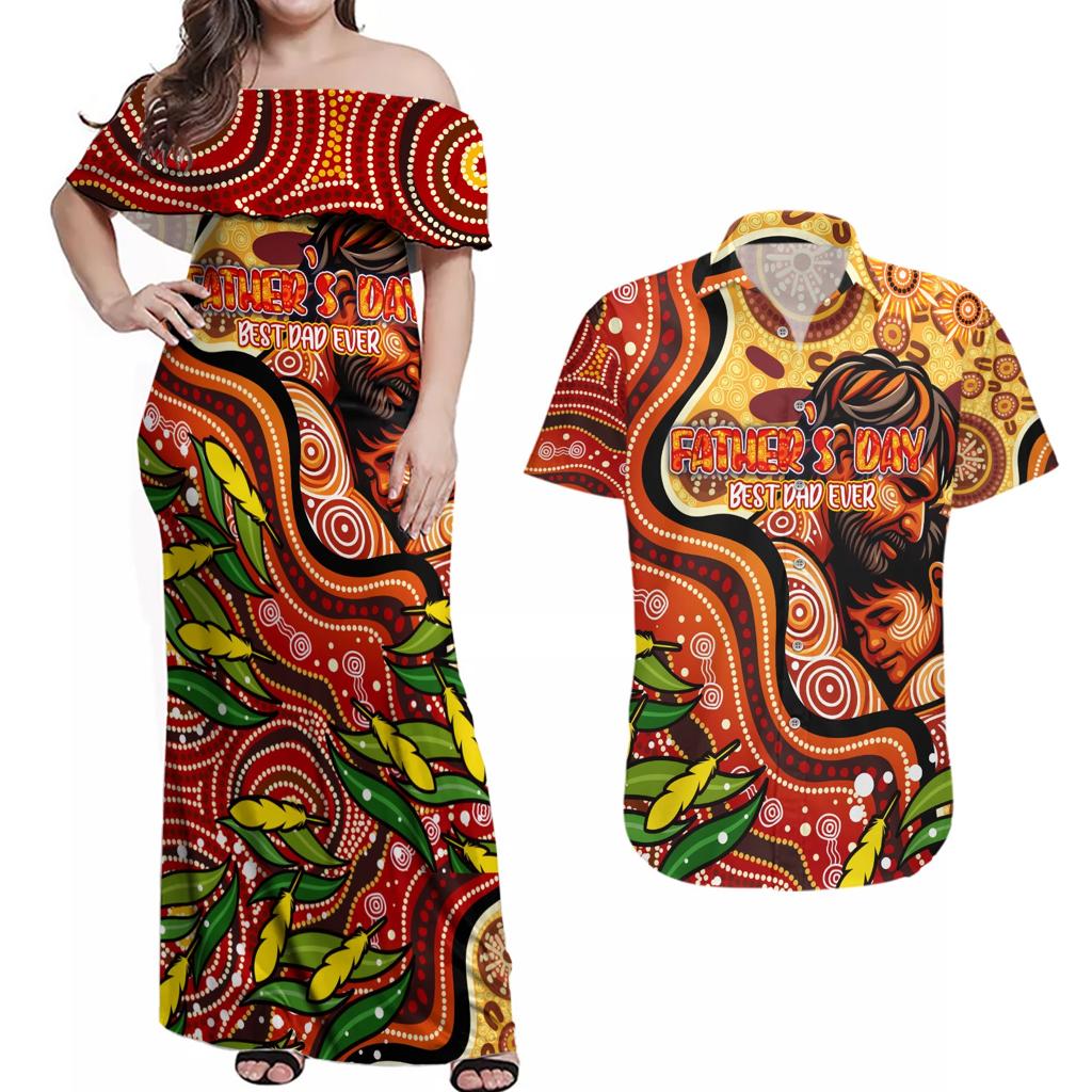 Custom Father's Day Australia Couples Matching Off Shoulder Maxi Dress and Hawaiian Shirt Best Dad Ever Aboriginal Art