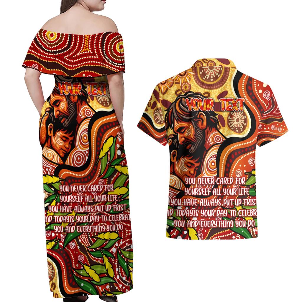 Custom Father's Day Australia Couples Matching Off Shoulder Maxi Dress and Hawaiian Shirt Best Dad Ever Aboriginal Art