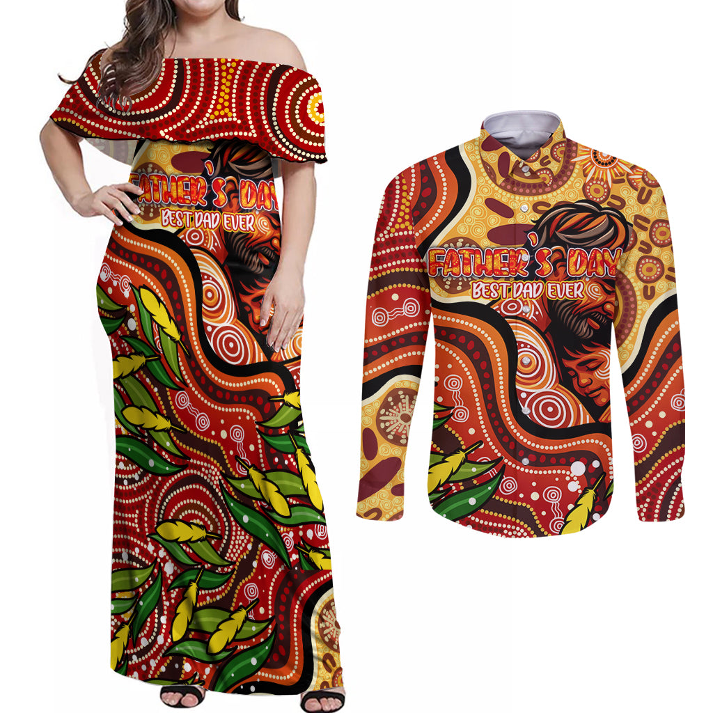 Custom Father's Day Australia Couples Matching Off Shoulder Maxi Dress and Long Sleeve Button Shirt Best Dad Ever Aboriginal Art