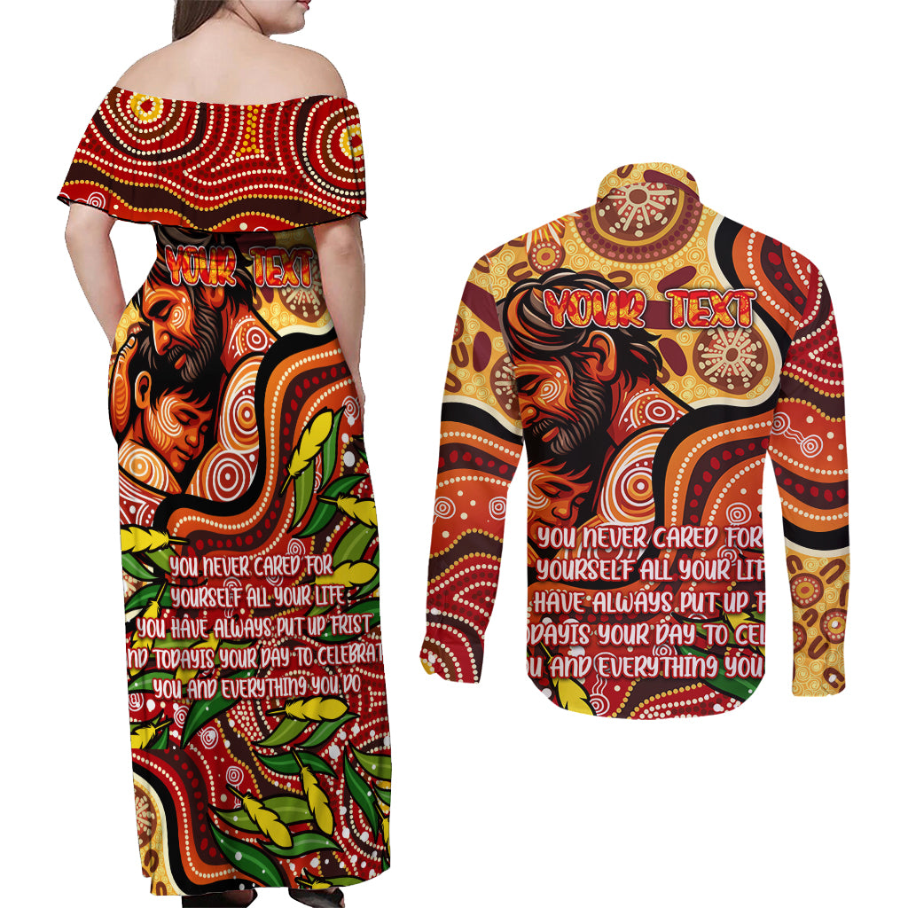 Custom Father's Day Australia Couples Matching Off Shoulder Maxi Dress and Long Sleeve Button Shirt Best Dad Ever Aboriginal Art