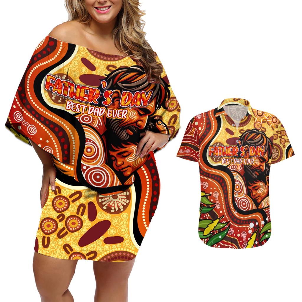 Custom Father's Day Australia Couples Matching Off Shoulder Short Dress and Hawaiian Shirt Best Dad Ever Aboriginal Art