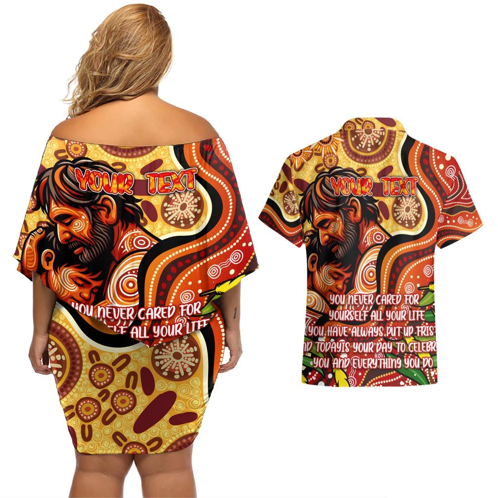 Custom Father's Day Australia Couples Matching Off Shoulder Short Dress and Hawaiian Shirt Best Dad Ever Aboriginal Art