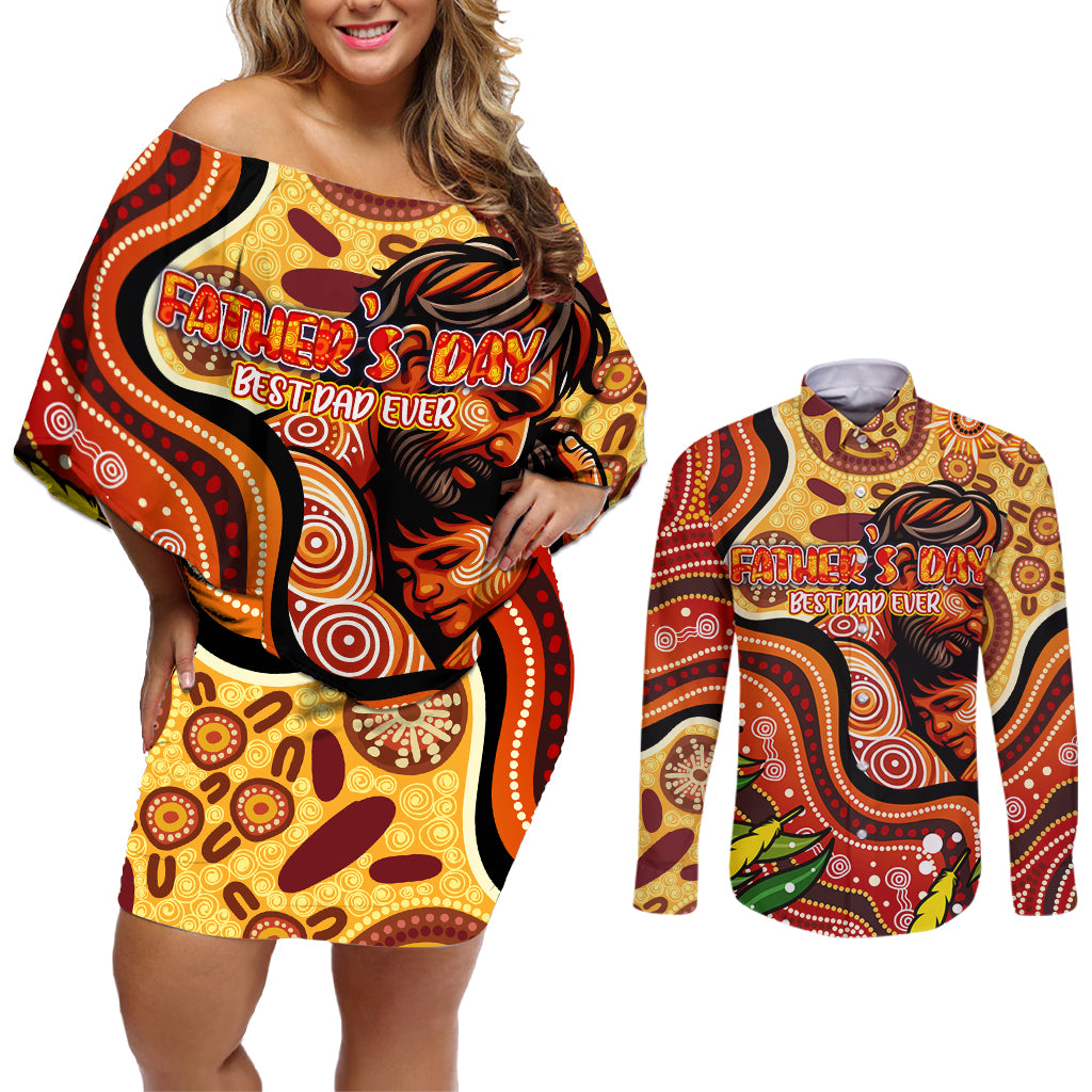 Custom Father's Day Australia Couples Matching Off Shoulder Short Dress and Long Sleeve Button Shirt Best Dad Ever Aboriginal Art