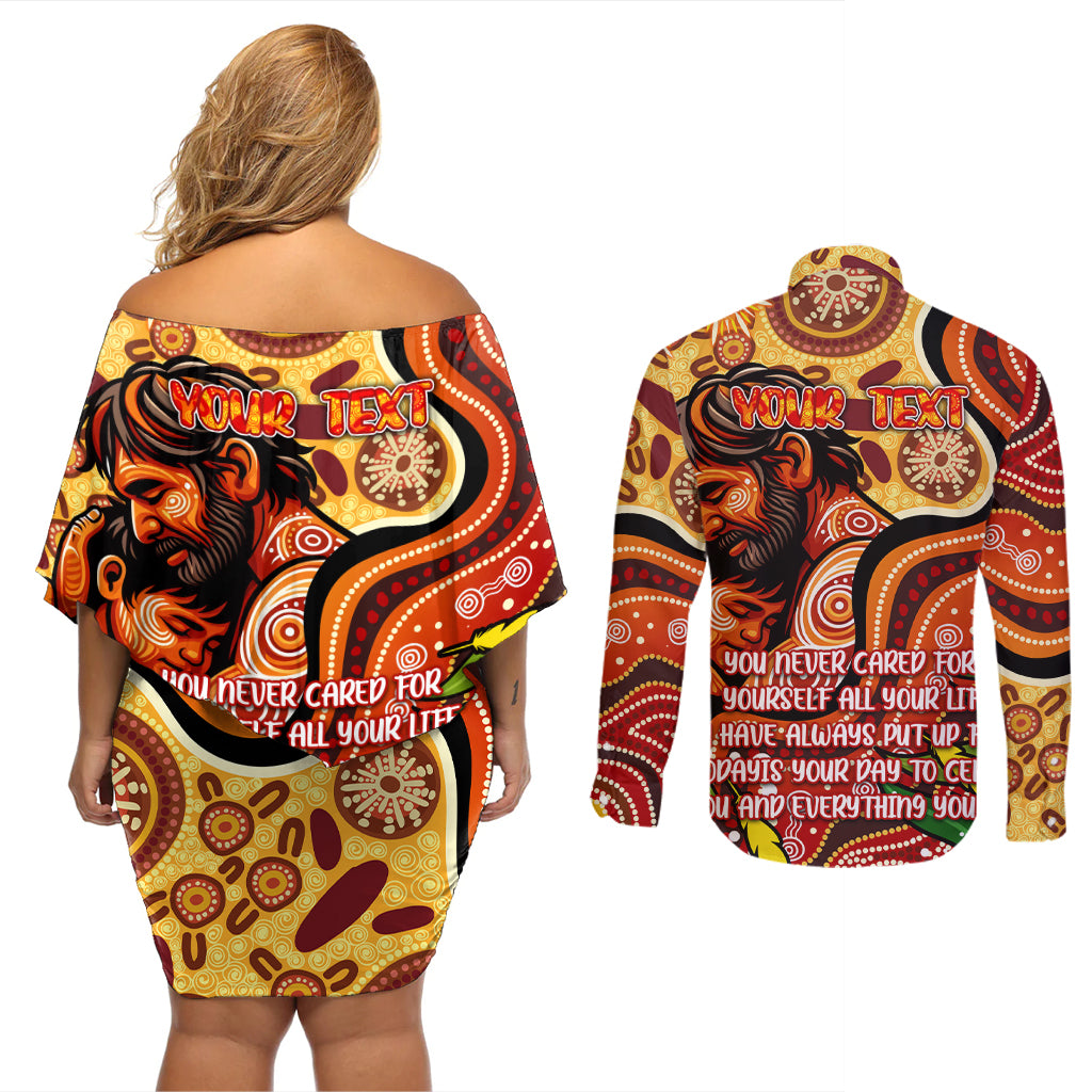 Custom Father's Day Australia Couples Matching Off Shoulder Short Dress and Long Sleeve Button Shirt Best Dad Ever Aboriginal Art