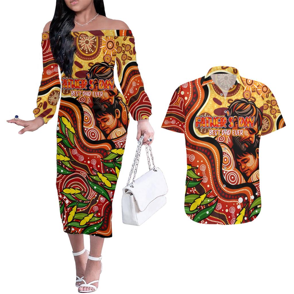 Custom Father's Day Australia Couples Matching Off The Shoulder Long Sleeve Dress and Hawaiian Shirt Best Dad Ever Aboriginal Art