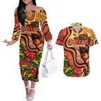 Custom Father's Day Australia Couples Matching Off The Shoulder Long Sleeve Dress and Hawaiian Shirt Best Dad Ever Aboriginal Art