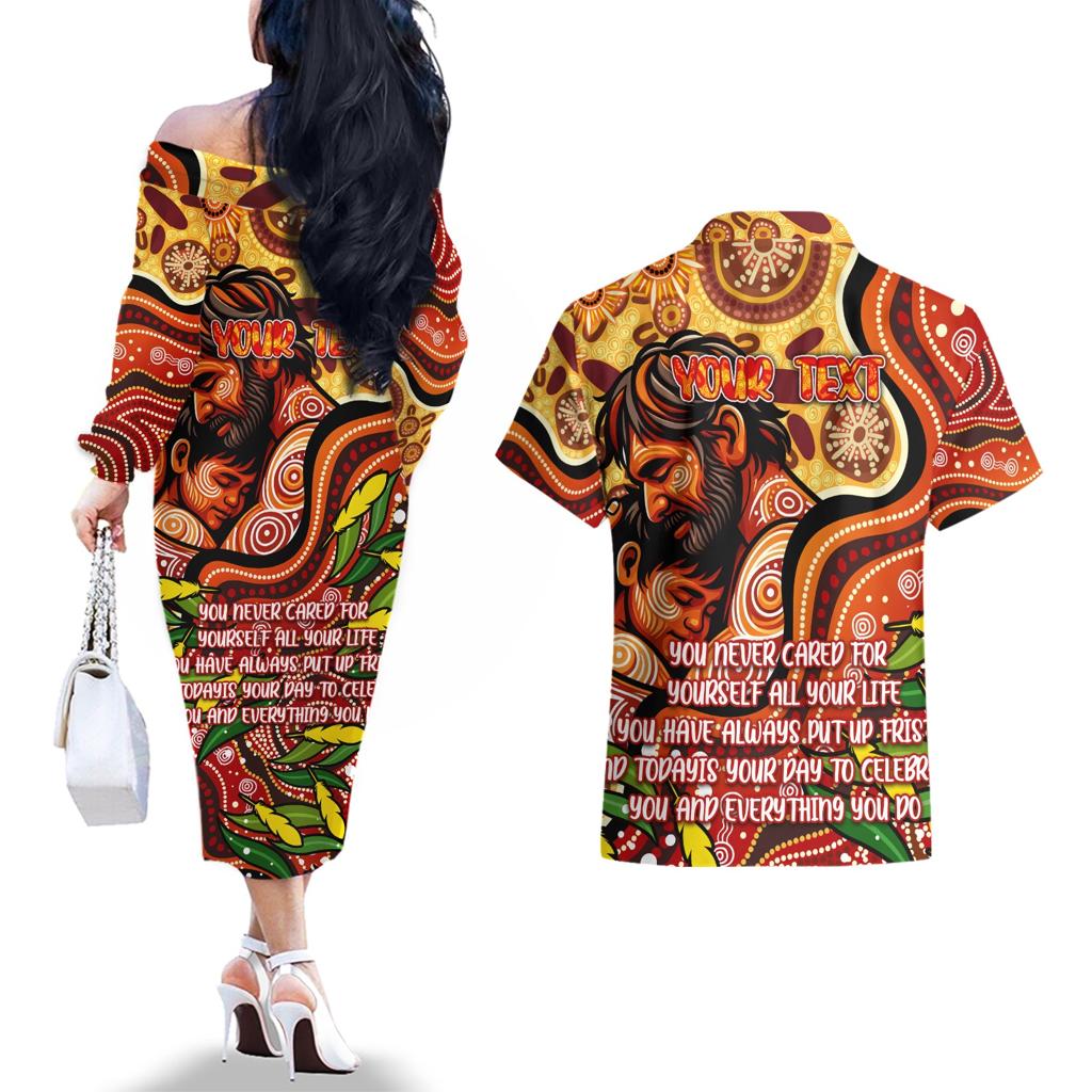 Custom Father's Day Australia Couples Matching Off The Shoulder Long Sleeve Dress and Hawaiian Shirt Best Dad Ever Aboriginal Art
