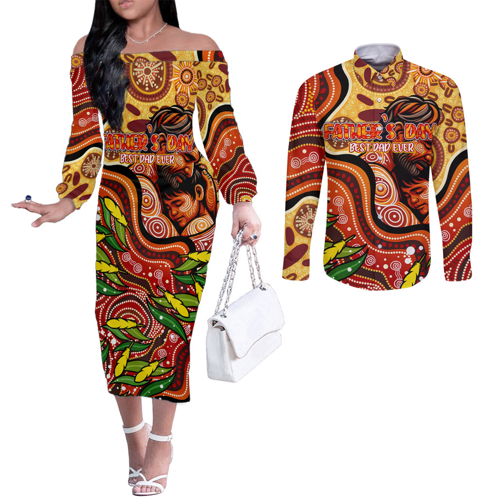 Custom Father's Day Australia Couples Matching Off The Shoulder Long Sleeve Dress and Long Sleeve Button Shirt Best Dad Ever Aboriginal Art