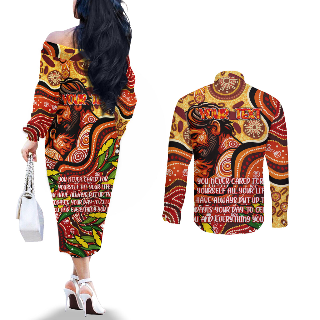 Custom Father's Day Australia Couples Matching Off The Shoulder Long Sleeve Dress and Long Sleeve Button Shirt Best Dad Ever Aboriginal Art