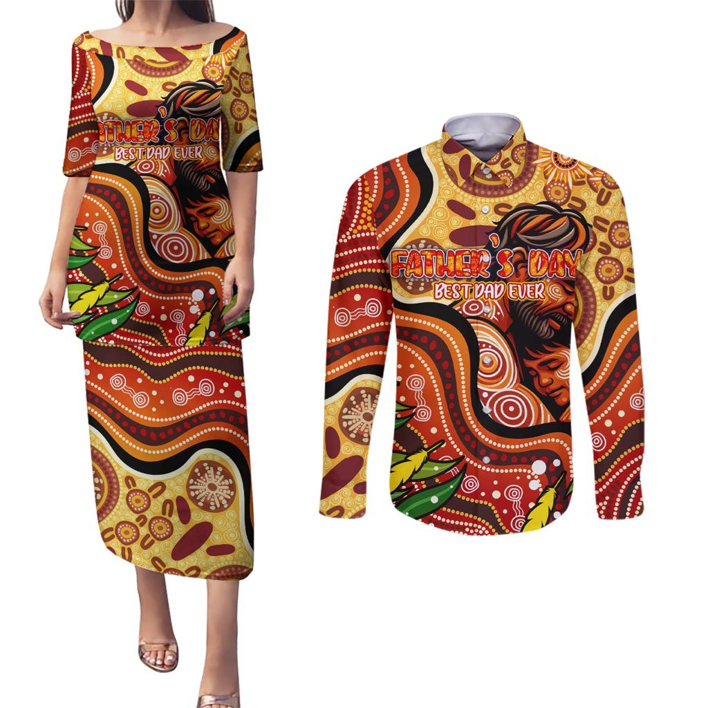 Custom Father's Day Australia Couples Matching Puletasi and Long Sleeve Button Shirt Best Dad Ever Aboriginal Art