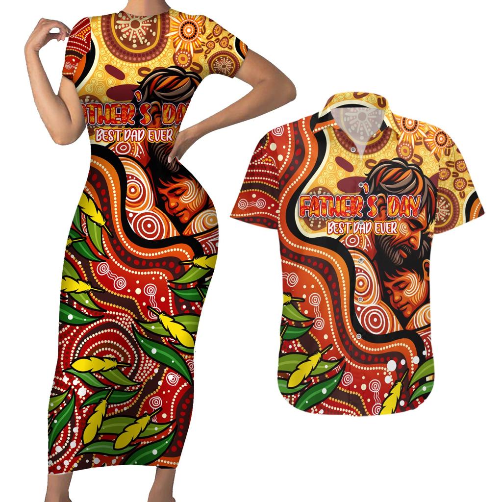 Custom Father's Day Australia Couples Matching Short Sleeve Bodycon Dress and Hawaiian Shirt Best Dad Ever Aboriginal Art