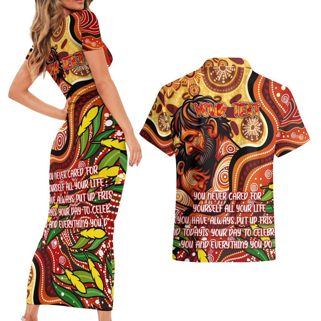 Custom Father's Day Australia Couples Matching Short Sleeve Bodycon Dress and Hawaiian Shirt Best Dad Ever Aboriginal Art