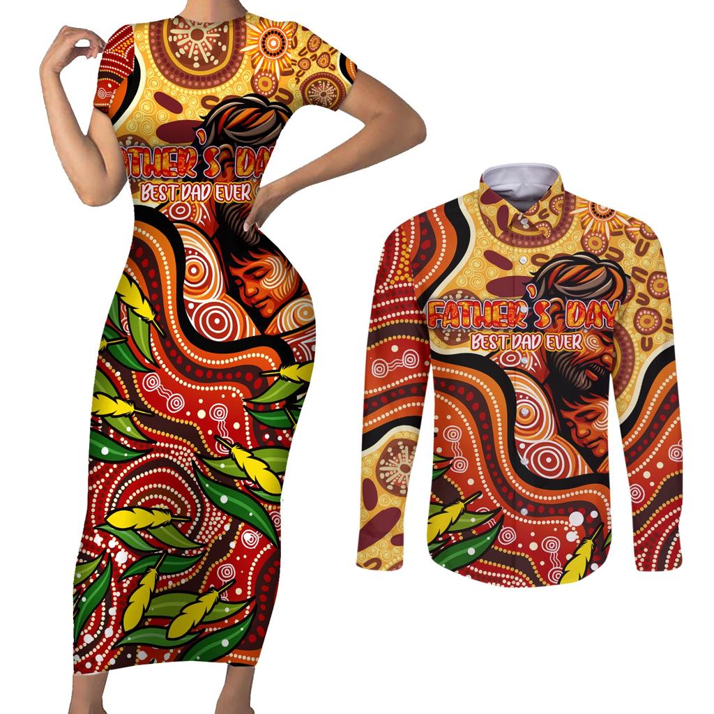 Custom Father's Day Australia Couples Matching Short Sleeve Bodycon Dress and Long Sleeve Button Shirt Best Dad Ever Aboriginal Art