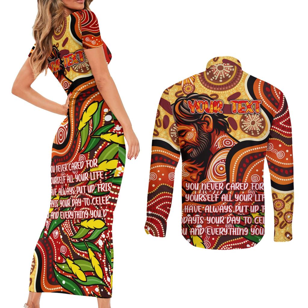 Custom Father's Day Australia Couples Matching Short Sleeve Bodycon Dress and Long Sleeve Button Shirt Best Dad Ever Aboriginal Art