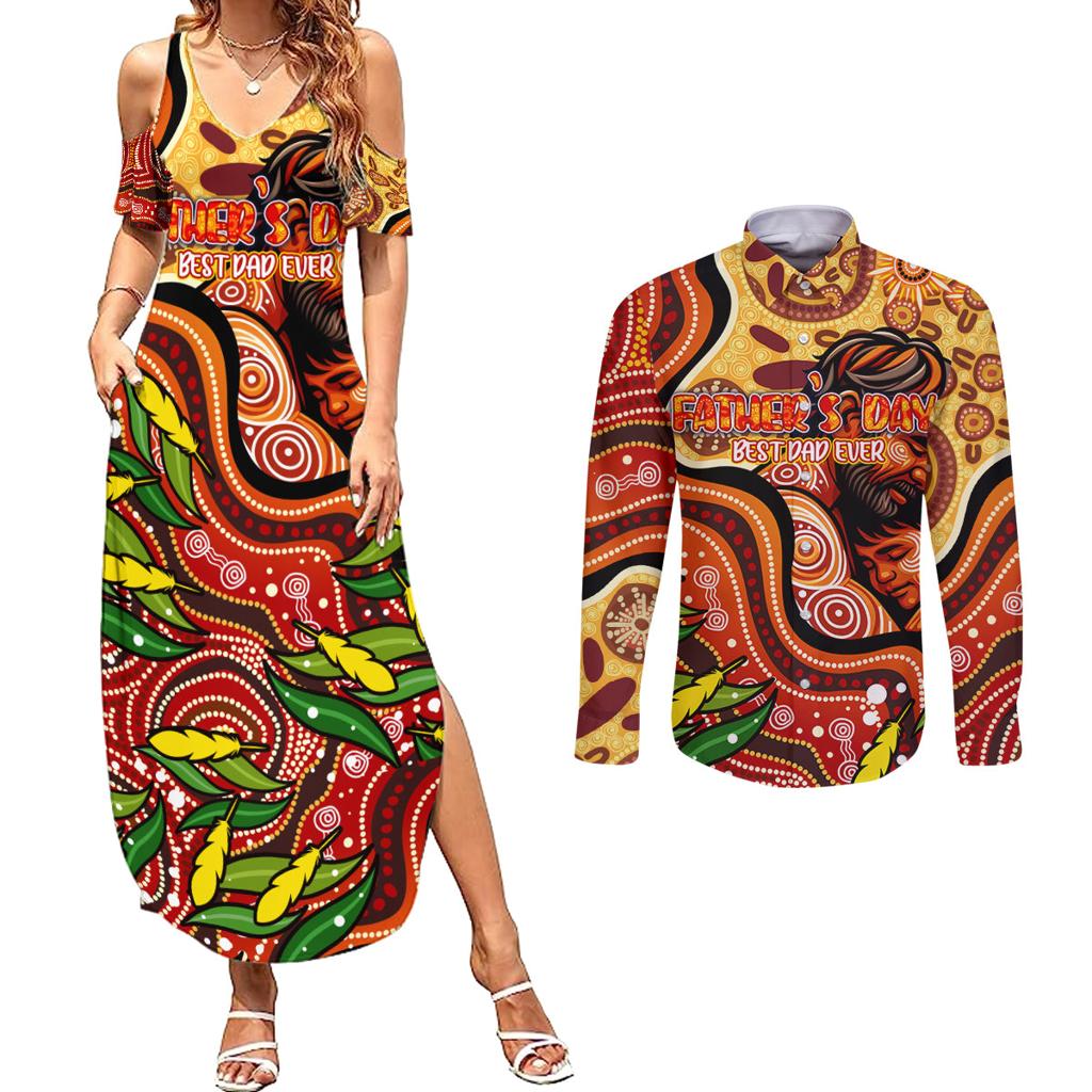 Custom Father's Day Australia Couples Matching Summer Maxi Dress and Long Sleeve Button Shirt Best Dad Ever Aboriginal Art