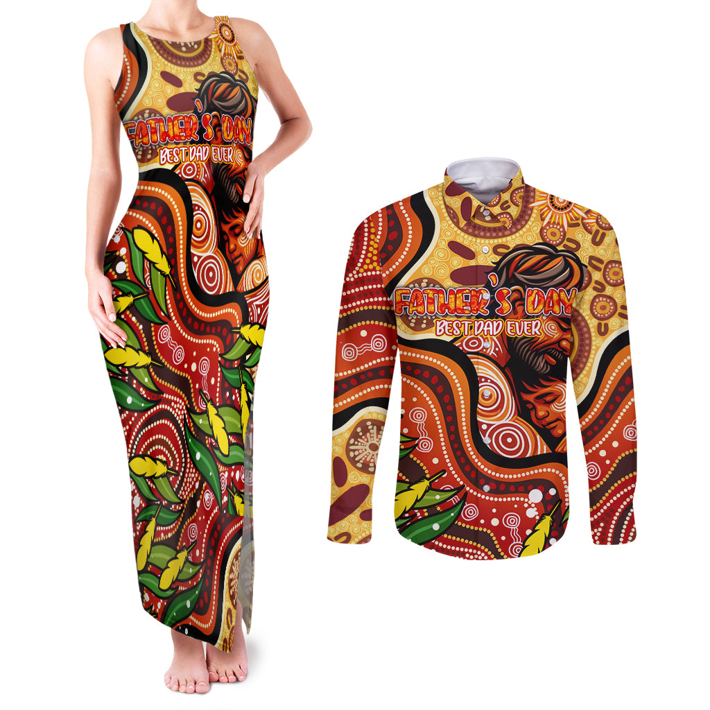Custom Father's Day Australia Couples Matching Tank Maxi Dress and Long Sleeve Button Shirt Best Dad Ever Aboriginal Art