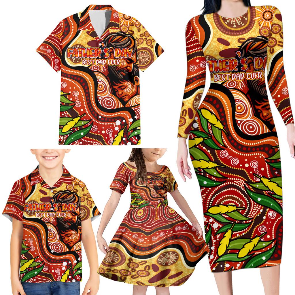 Custom Father's Day Australia Family Matching Long Sleeve Bodycon Dress and Hawaiian Shirt Best Dad Ever Aboriginal Art